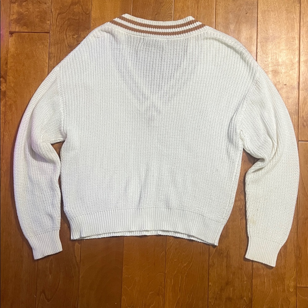 Forever 21 V-Neck Varsity Sweater Size M Cream Striped Collar Preppy Academia - Picture 6 of 7